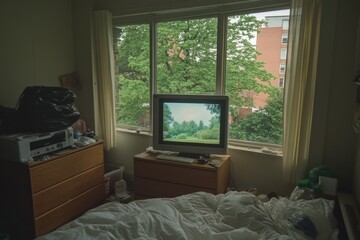 Fototapeta premium A cozy bedroom featuring an HD TV on a wooden dresser, playing a calming nature documentary with bright, clear visuals