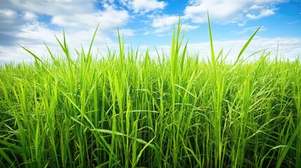 Obraz premium Lush Green Grass Field Under Bright Blue Sky with Soft Clouds