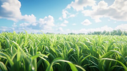 Fototapeta premium Lush Green Grass Field Under Bright Blue Sky with Fluffy Clouds