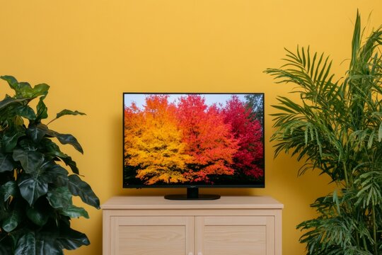 A cozy bedroom featuring an HD TV on a wooden dresser, playing a calming nature documentary with bright, clear visuals