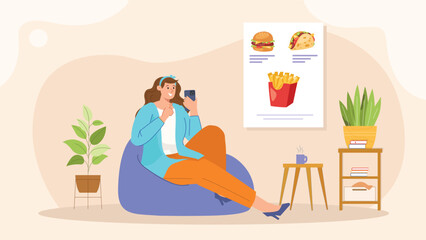 A creative design showing a user exploring food options online, with icons for delivery and restaurant menus.