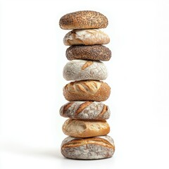 Artisan bread stacked high bakery display food photography minimalist background close-up culinary craft