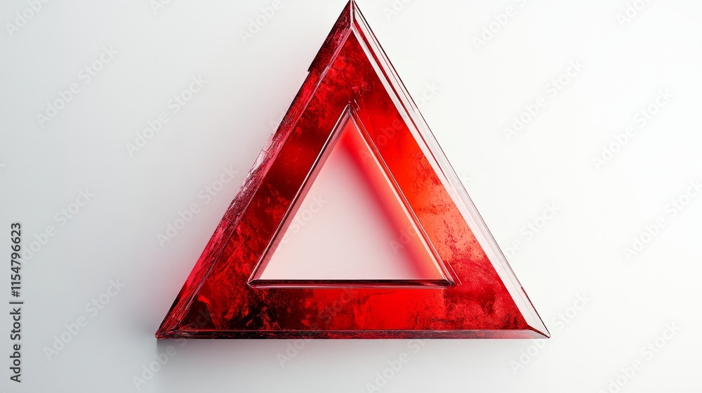 Poster a vibrant red triangle with sharp edges and a glossy texture, isolated on a white backdrop
