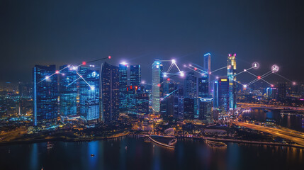 Smart digital Innovation city with connection network reciprocity over the cityscape. of future smart wireless city and social media networking systems that connects business people with in city