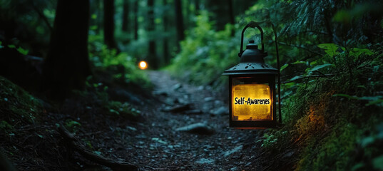 Naklejka premium Self Awareness Lantern Lighting Path Through Dense Forest Trail Toward Serene Clearing