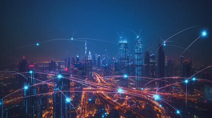 Smart digital Innovation city with connection network reciprocity over the cityscape. of future smart wireless city and social media networking systems that connects business people with in city