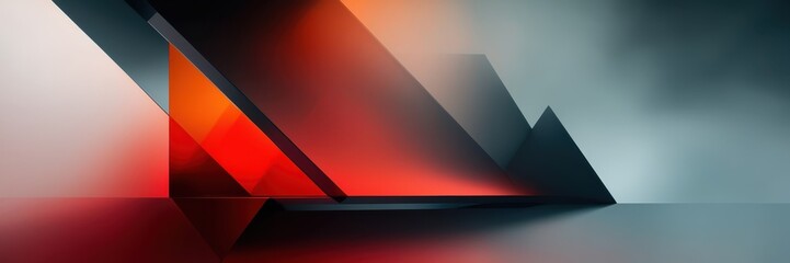Abstract geometric shapes, neon red glow, dark background, pyramids, reflective surfaces, futuristic, sci-fi aesthetic, minimalist composition, cinematic lighting, energy emanating from shapes, myster