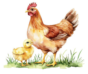 Charming Watercolor Illustration of a Hen and Chick Standing in Green Grass with a Soft, Whimsical Style