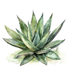 Fototapeta premium Watercolor illustration of Aloe Vera plant in pastel colors with detailed green leaves and subtle background elements