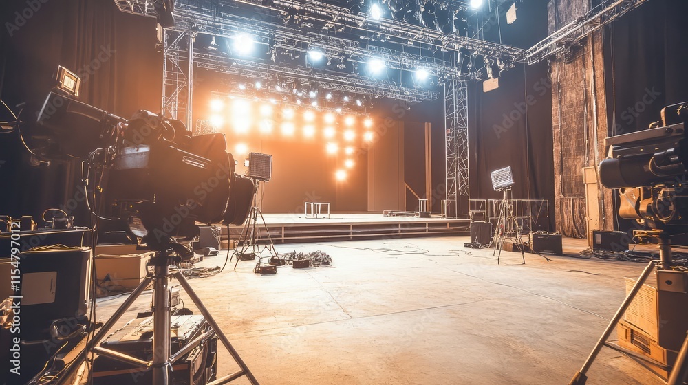 Poster empty stage setup with professional lighting and cameras ready for show