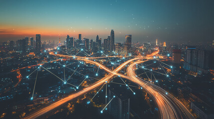 Fototapeta premium Smart digital Innovation city with connection network reciprocity over the cityscape. of future smart wireless city and social media networking systems that connects business people with in city