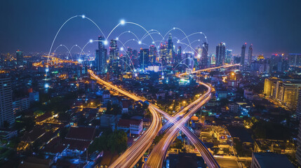 Obraz premium Smart digital Innovation city with connection network reciprocity over the cityscape. of future smart wireless city and social media networking systems that connects business people with in city