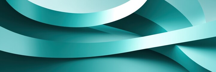 Fototapeta premium Abstract curved shapes, teal and turquoise gradient, smooth surfaces, minimalist design, architectural forms, flowing lines, dynamic composition, soft shadows, glossy finish, geometric abstraction, fu