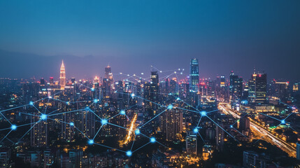 Obraz premium Smart digital Innovation city with connection network reciprocity over the cityscape. of future smart wireless city and social media networking systems that connects business people with in city