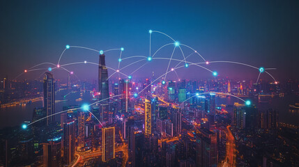 Fototapeta premium Smart digital Innovation city with connection network reciprocity over the cityscape. of future smart wireless city and social media networking systems that connects business people with in city