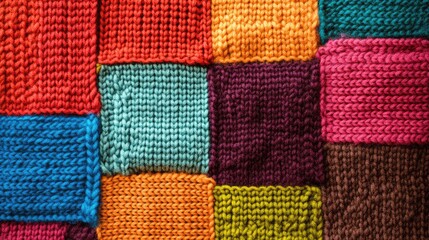 Colorful knitted fabric texture patchwork with varied stitches