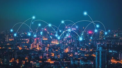Naklejka premium Smart digital Innovation city with connection network reciprocity over the cityscape. of future smart wireless city and social media networking systems that connects business people with in city