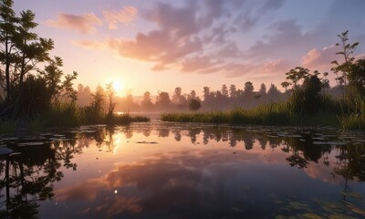 Fototapeta premium Droplets suspended in mid-air above a serene pond at dawn, soft, reflection
