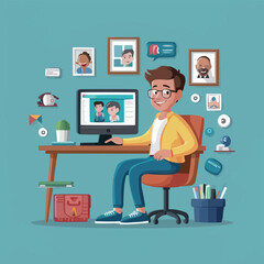 Freelancer sitting by computer working from home Victor Art with cartoon