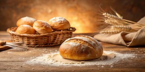 A freshly baked loaf of artisan bread, dusted with flour, sits on a wooden surface next to a wicker basket of smaller rolls and wheat stalks.