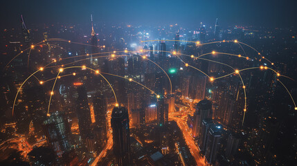 Smart digital Innovation city with connection network reciprocity over the cityscape. of future smart wireless digital city and social media networking systems that connects people with in city