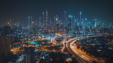 Fototapeta premium Smart digital Innovation city with connection network reciprocity over the cityscape. of future smart wireless digital city and social media networking systems that connects people with in city