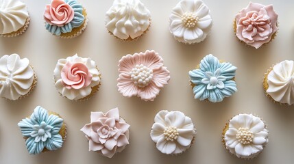 Elegant Decorative Cupcakes with Floral Icing Designs and Pastels