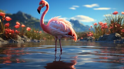 Pink flamingo in serene water, surrounded by flowers and mountains.