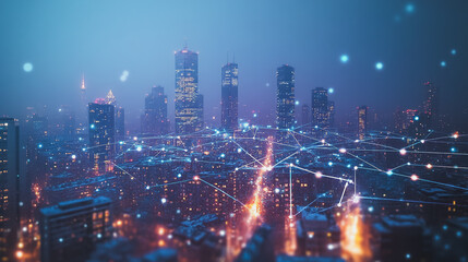 Fototapeta premium Smart digital Innovation city with connection network reciprocity over the cityscape. of future smart wireless digital city and social media networking systems that connects people with in city