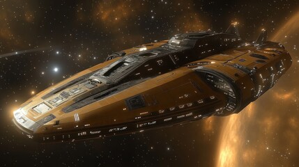 A futuristic spaceship navigating through a starry space environment.