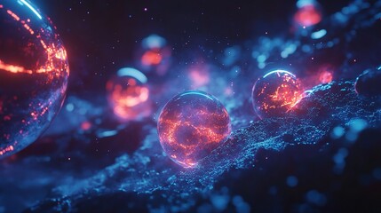 Naklejka premium Luminous Futuristic Space Scene with Glowing Planets and Orbs