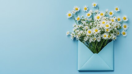 58.Delicate chamomile flowers nestled inside an open blue envelope, lying on a pastel blue backdrop with generous space for text; minimal and elegant, suitable for springtime celebration cards.