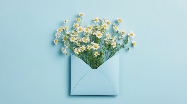 58.Delicate chamomile flowers nestled inside an open blue envelope, lying on a pastel blue backdrop with generous space for text; minimal and elegant, suitable for springtime celebration cards.