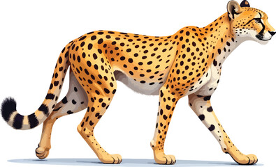 Vector image of a cheetah walking alertly on a clean white background.