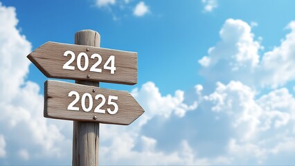 Wooden sign saying goodbye to the old year 2024 with welcome the new year 2025. New year symbol and business concept.