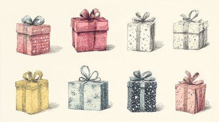 79.Set of cozy retro birthday cards featuring hand-drawn illustrations of gift boxes with halftone textures and playful, collage-style hands. Each card has a soft color palette, vintage halftone