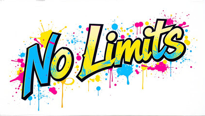 A graffiti-style phrase "No Limits" with sharp angles, bright tones, splattered paint, and a high-energy urban aesthetic on a blank canvas.
