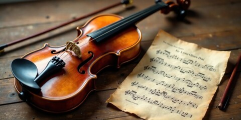 A polished violin rests on a wooden surface beside aged musical sheet music, hinting at a timeless melody and the artistry of stringed instrument performance.