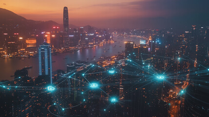 Fototapeta premium Smart digital Innovation city with connection network reciprocity over the cityscape. of future smart wireless digital city and social media networking systems that connects people with in city