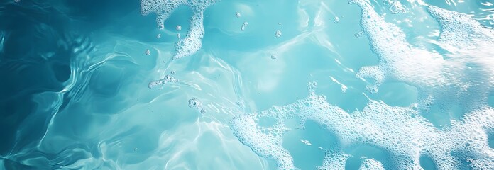 Obraz premium Transparent blue clear water surface texture with ripples, splashes and bubbles. Abstract summer banner background Water waves in sunlight with copy space Cosmetic moisturizer micellar toner emulsion