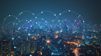 Smart digital city with connection cyber security network reciprocity over the cityscape . future smart wireless digital city and social media networking systems that connects people within the city