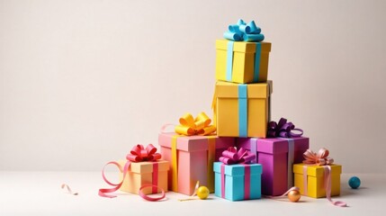 A vibrant collection of festively wrapped presents arranged in a visually appealing stack, showcasing an array of cheerful colors and delightful bows, perfect for celebratory occasions.