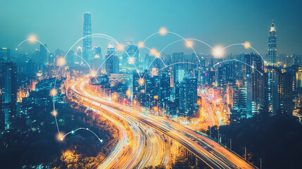 Fototapeta premium Smart digital city with connection cyber security network reciprocity over the cityscape . future smart wireless digital city and social media networking systems that connects people within the city