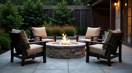 Obraz premium Serene Evening Gathering Around a Stone Fire Pit in a Private Backyard Patio