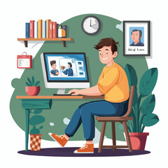 Freelancer sitting by computer work from home Victor Art with cartoon