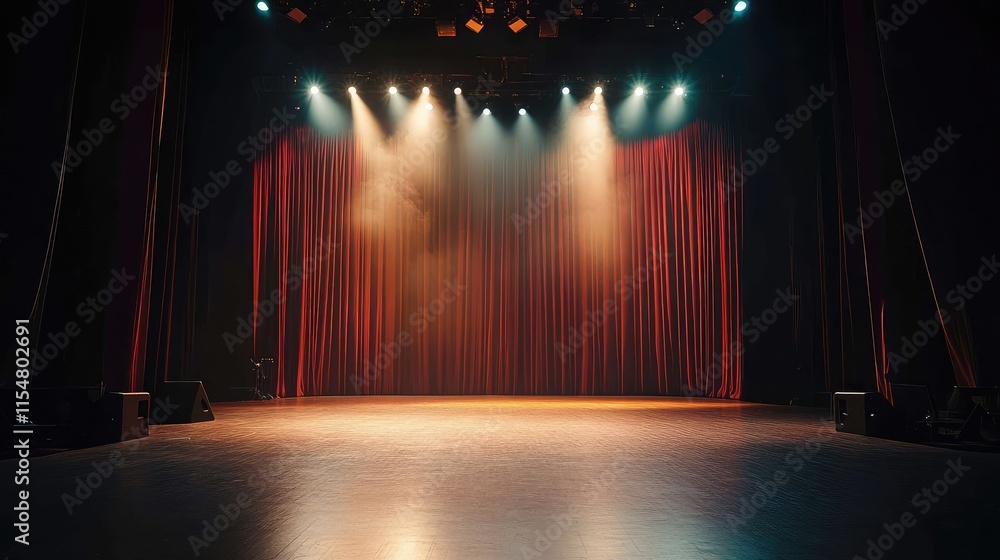 Poster empty stage with spotlight and red curtains in a theater setting