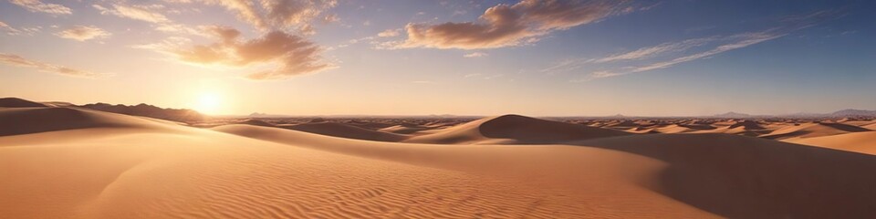 Golden hour desert landscape featuring soft sandy dunes and a vast expanse of blue sky with wispy clouds, blue sky, sandy dunes, natural beauty