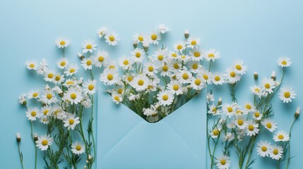 60.Minimalist spring composition featuring a blue envelope filled with chamomile flowers on a pastel blue background; soft floral aesthetic with plenty of space for adding custom messages for