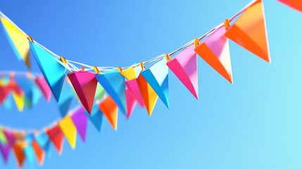 Obraz premium 28.Isolated 3D string of triangle pennant flags in mixed bright colors, arranged in a curved line to suggest movement; perfect for a holiday or summer celebration banner, capturing the fun and