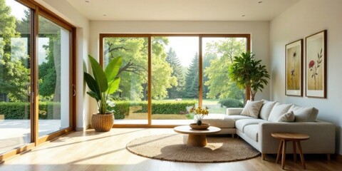 Serene Living Room with Natural Light and Lush Greenery Viewed Through Expansive Sliding Doors